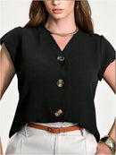 Blusa feminina de manga curta com botões, tecido Duna, novo estilo europeu e americano