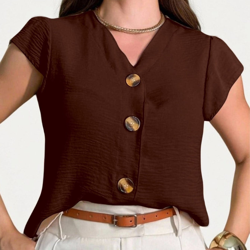 Blusa feminina de manga curta com botões, tecido Duna, novo estilo europeu e americano