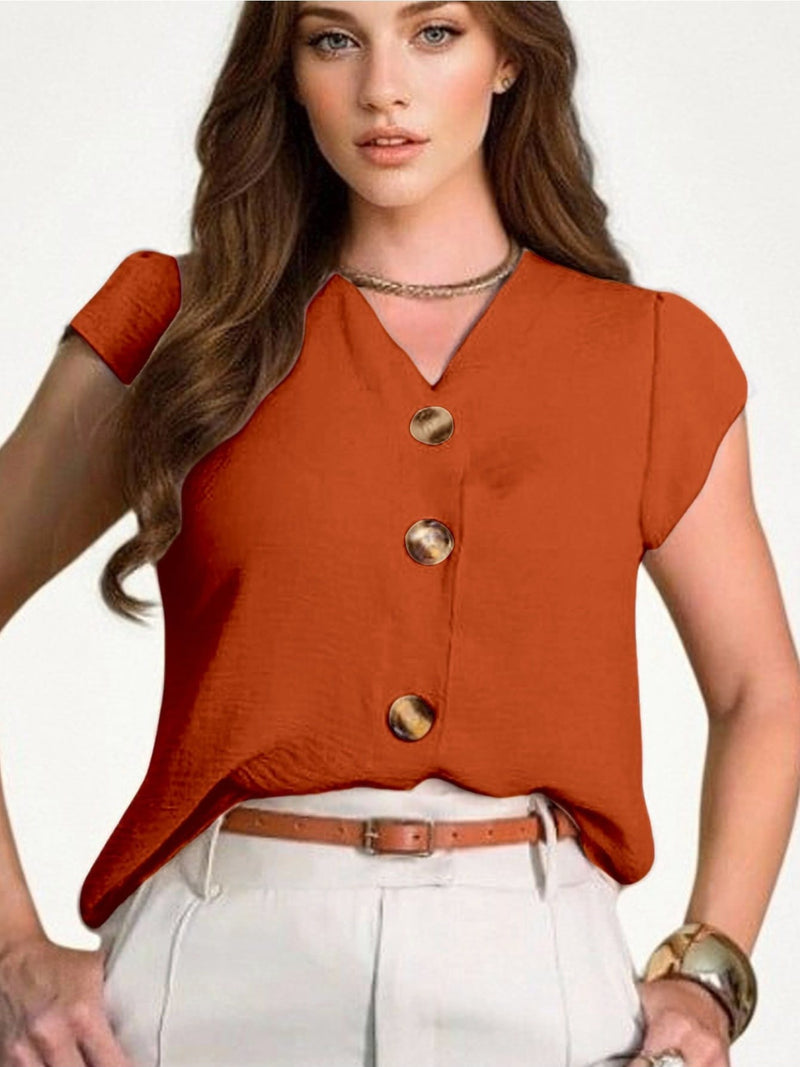 Blusa feminina de manga curta com botões, tecido Duna, novo estilo europeu e americano