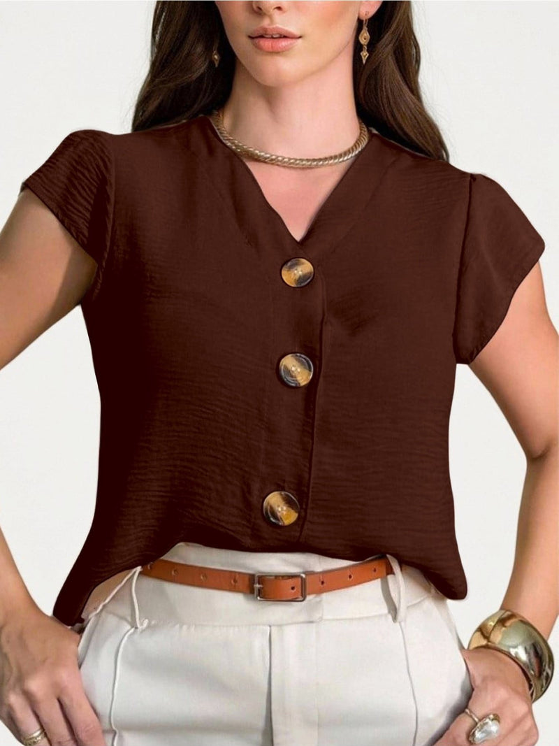 Blusa feminina de manga curta com botões, tecido Duna, novo estilo europeu e americano