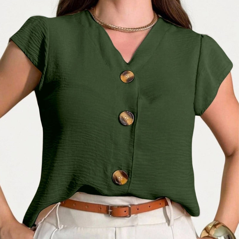 Blusa feminina de manga curta com botões, tecido Duna, novo estilo europeu e americano