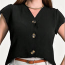 Blusa feminina de manga curta com botões, tecido Duna, novo estilo europeu e americano