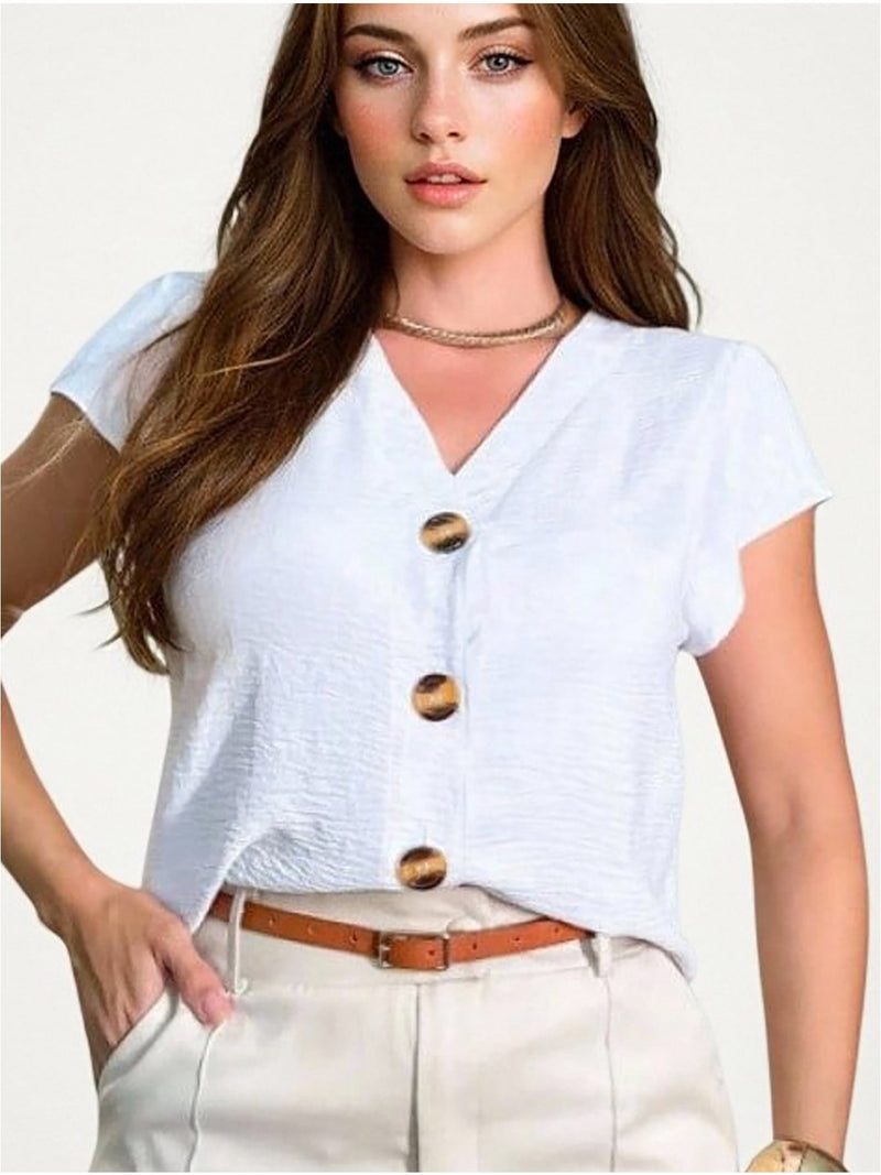 Blusa feminina de manga curta com botões, tecido Duna, novo estilo europeu e americano