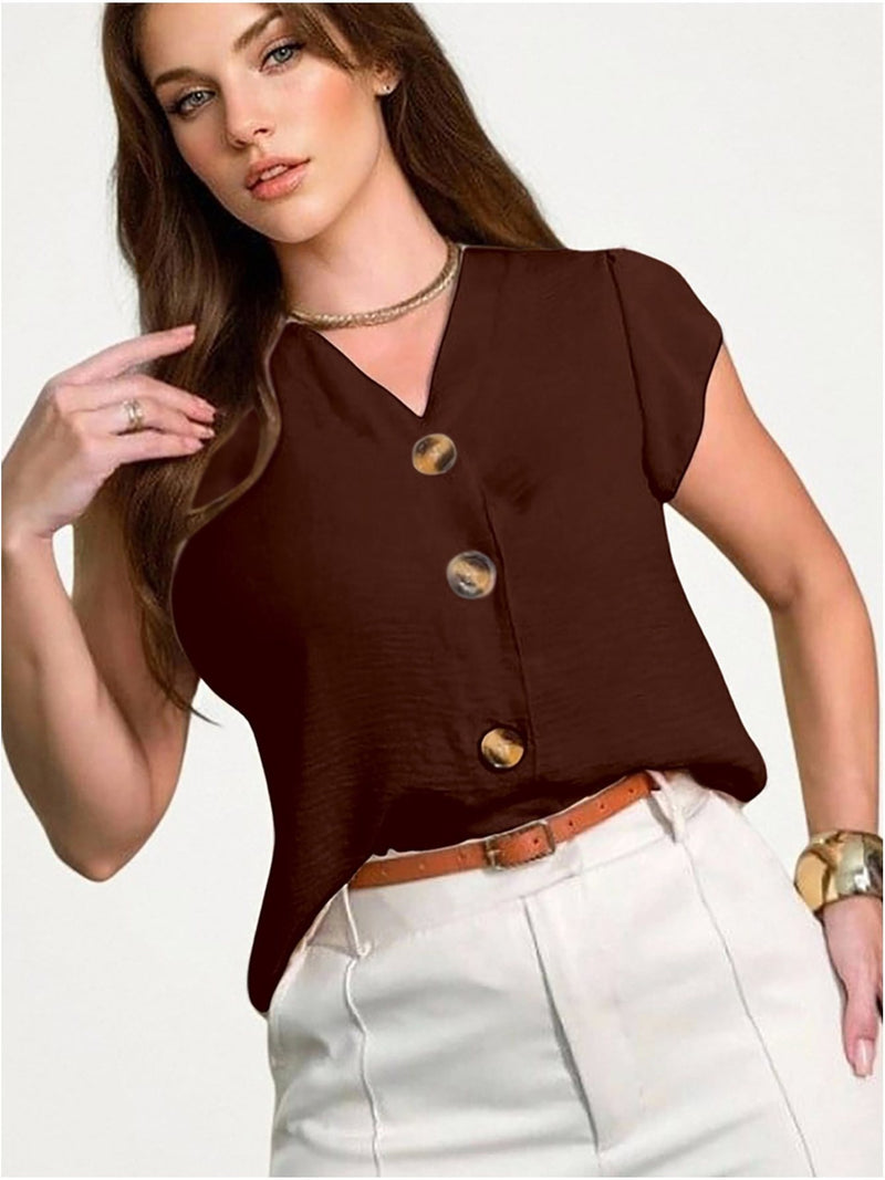 Blusa feminina de manga curta com botões, tecido Duna, novo estilo europeu e americano