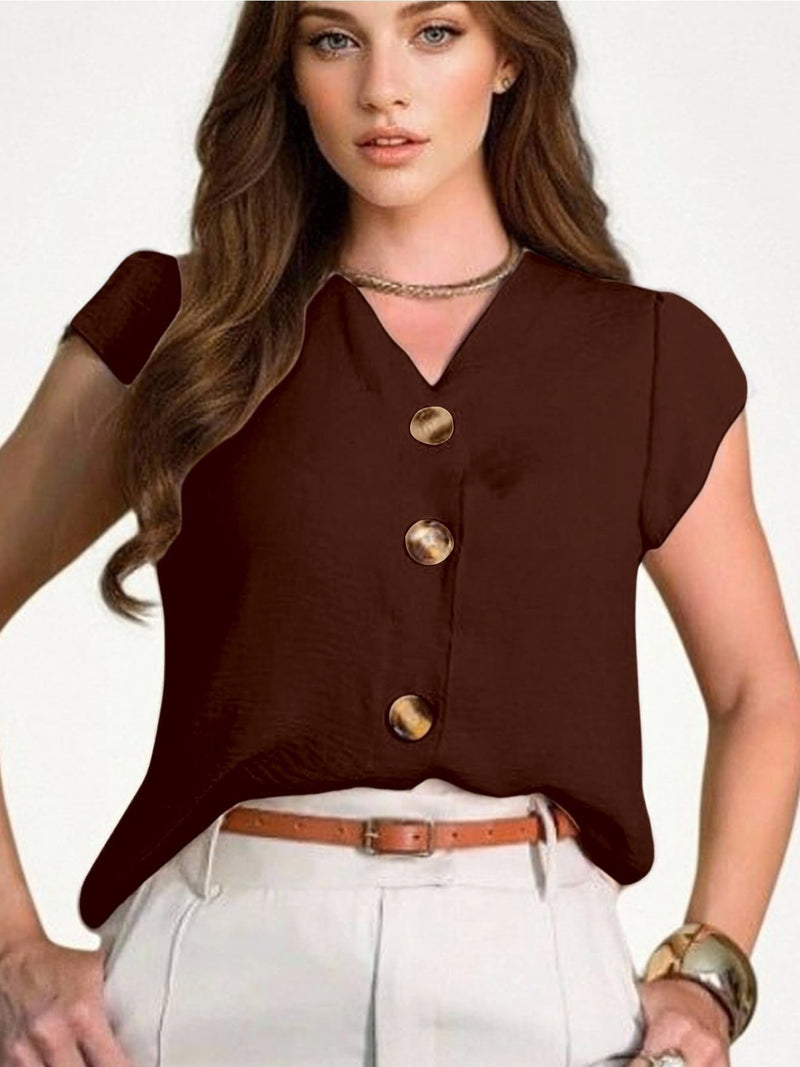 Blusa feminina de manga curta com botões, tecido Duna, novo estilo europeu e americano