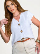 Blusa feminina de manga curta com botões, tecido Duna, novo estilo europeu e americano