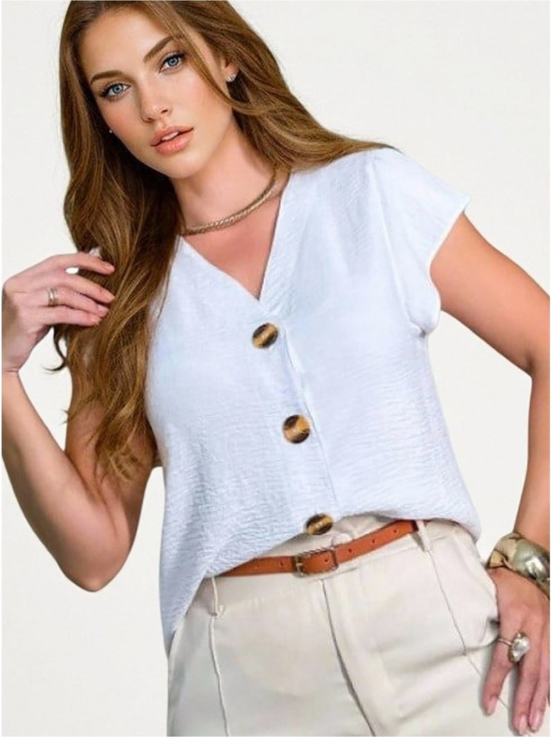 Blusa feminina de manga curta com botões, tecido Duna, novo estilo europeu e americano