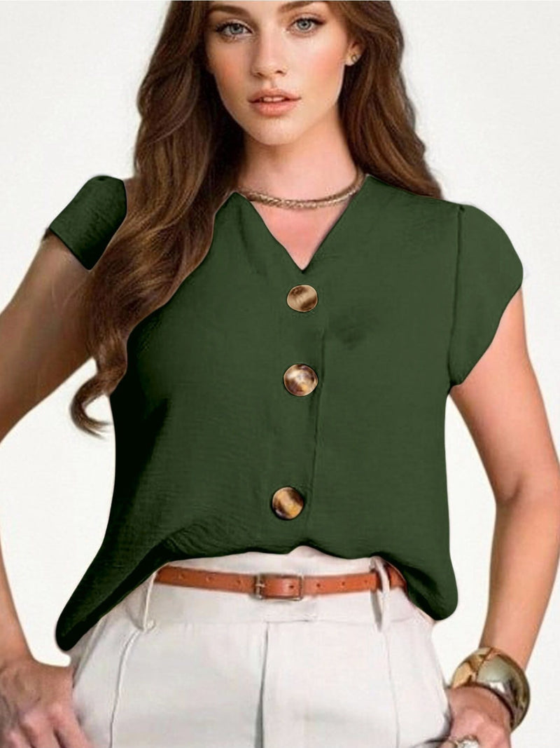 Blusa feminina de manga curta com botões, tecido Duna, novo estilo europeu e americano