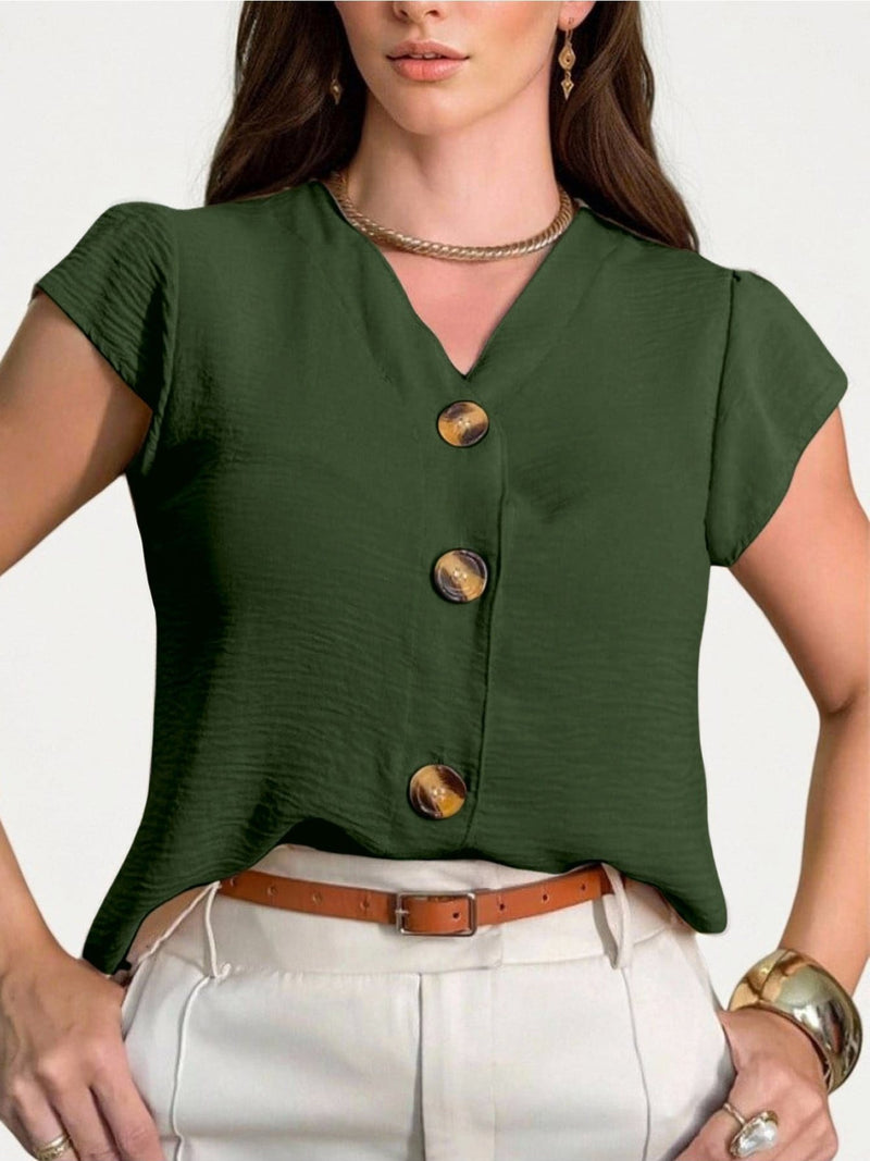 Blusa feminina de manga curta com botões, tecido Duna, novo estilo europeu e americano