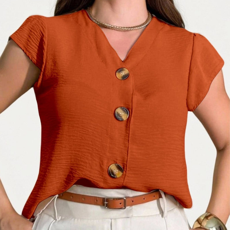 Blusa feminina de manga curta com botões, tecido Duna, novo estilo europeu e americano