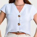 Blusa feminina de manga curta com botões, tecido Duna, novo estilo europeu e americano