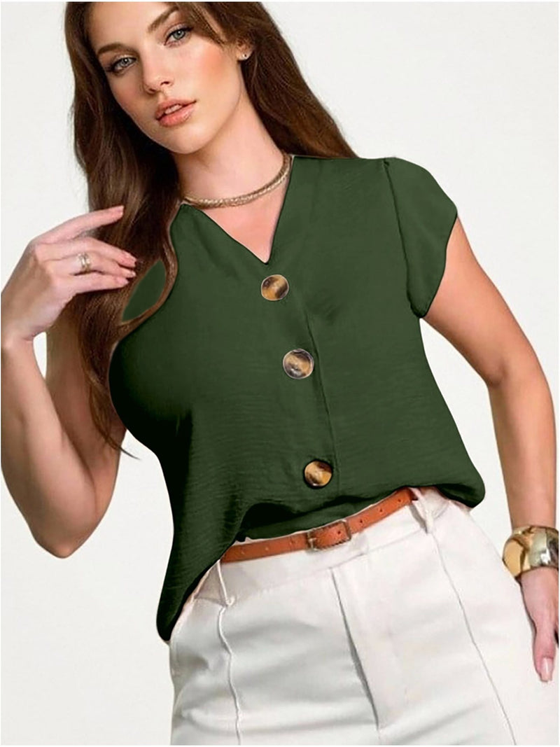 Blusa feminina de manga curta com botões, tecido Duna, novo estilo europeu e americano