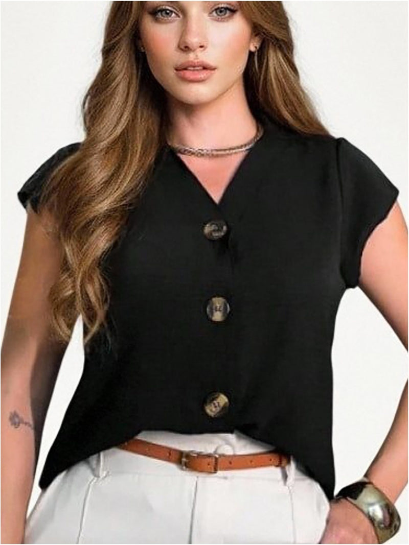 Blusa feminina de manga curta com botões, tecido Duna, novo estilo europeu e americano