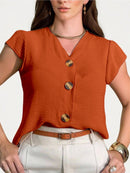 Blusa feminina de manga curta com botões, tecido Duna, novo estilo europeu e americano