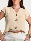 Blusa feminina de manga curta com botões, tecido Duna, novo estilo europeu e americano