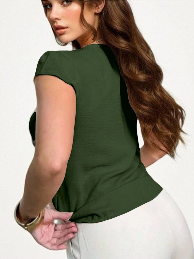 Blusa feminina de manga curta com botões, tecido Duna, novo estilo europeu e americano