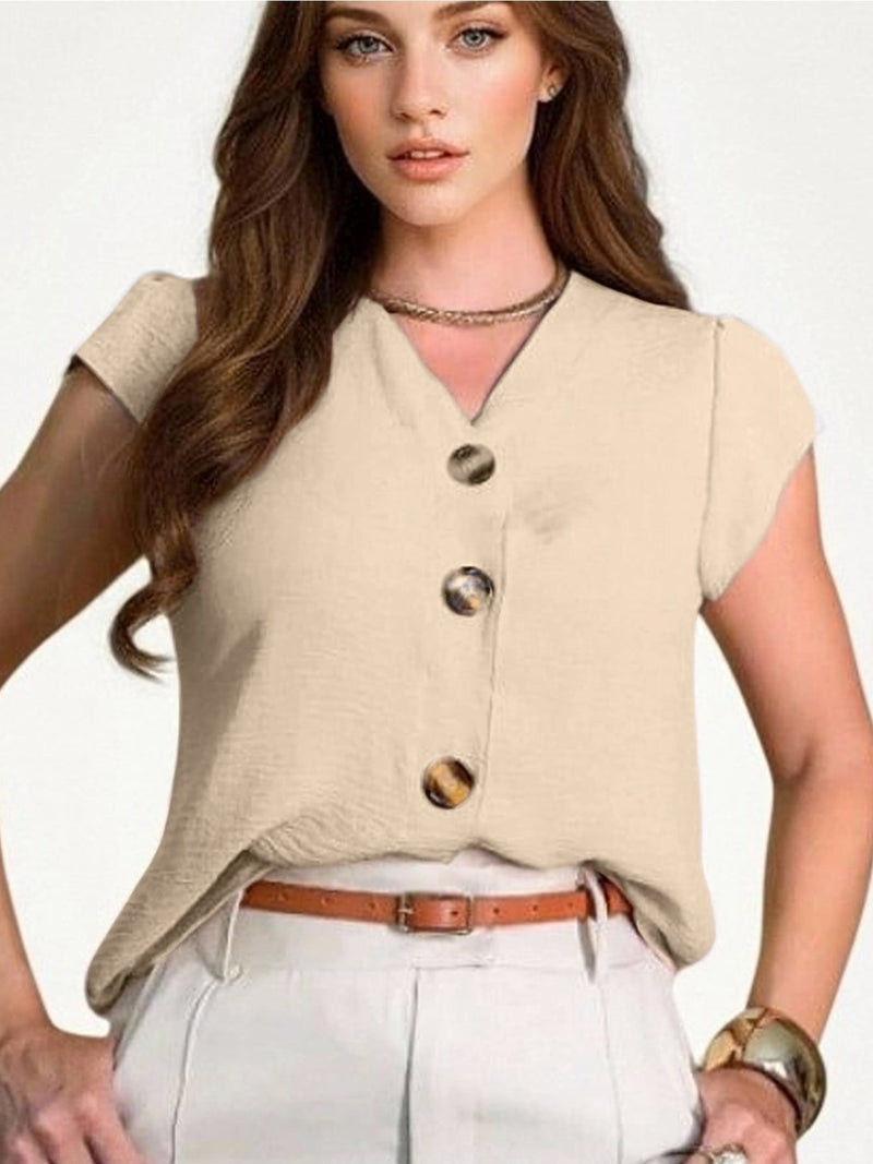 Blusa feminina de manga curta com botões, tecido Duna, novo estilo europeu e americano