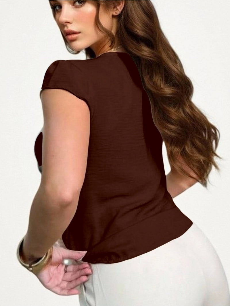 Blusa feminina de manga curta com botões, tecido Duna, novo estilo europeu e americano