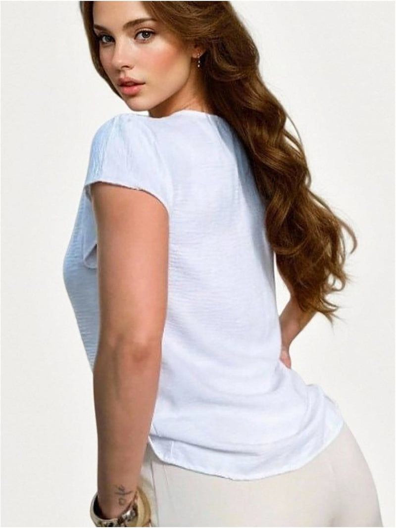 Blusa feminina de manga curta com botões, tecido Duna, novo estilo europeu e americano