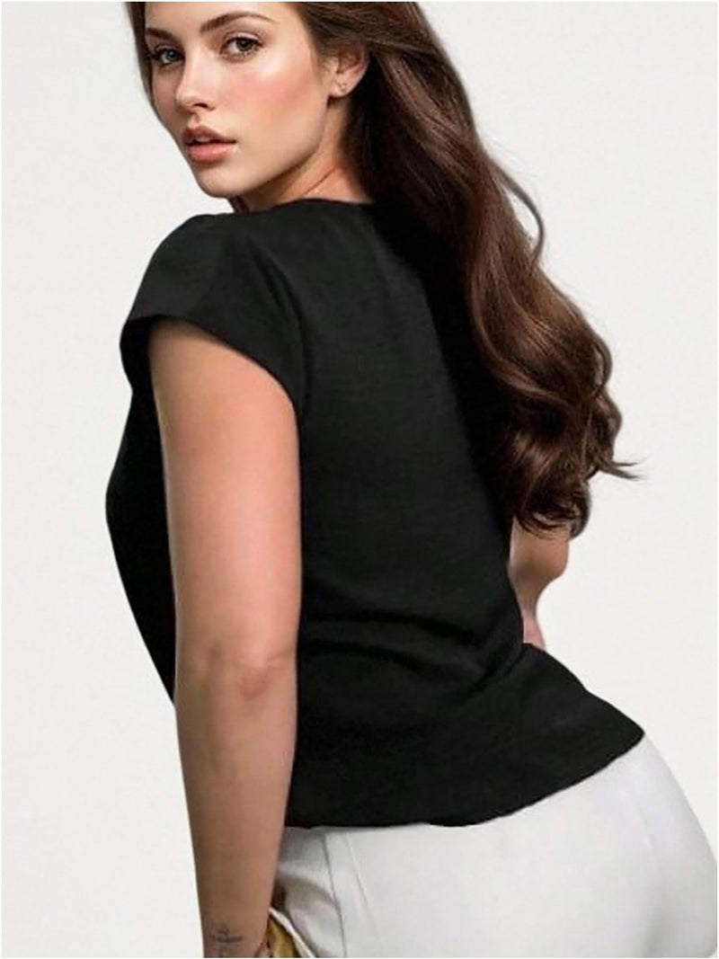 Blusa feminina de manga curta com botões, tecido Duna, novo estilo europeu e americano