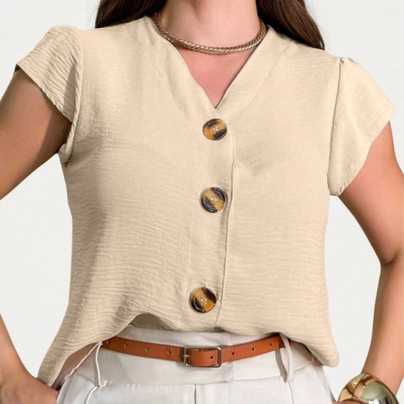 Blusa feminina de manga curta com botões, tecido Duna, novo estilo europeu e americano