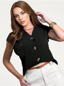 Blusa feminina de manga curta com botões, tecido Duna, novo estilo europeu e americano