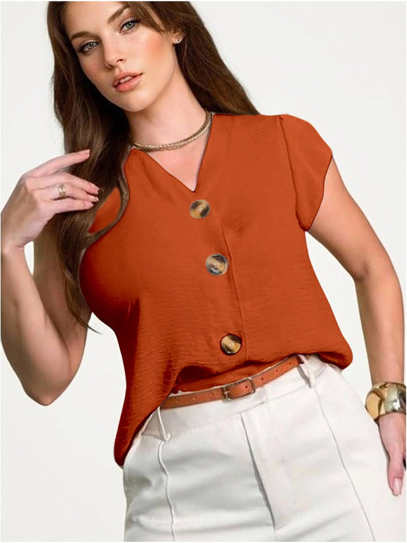 Blusa feminina de manga curta com botões, tecido Duna, novo estilo europeu e americano