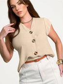 Blusa feminina de manga curta com botões, tecido Duna, novo estilo europeu e americano